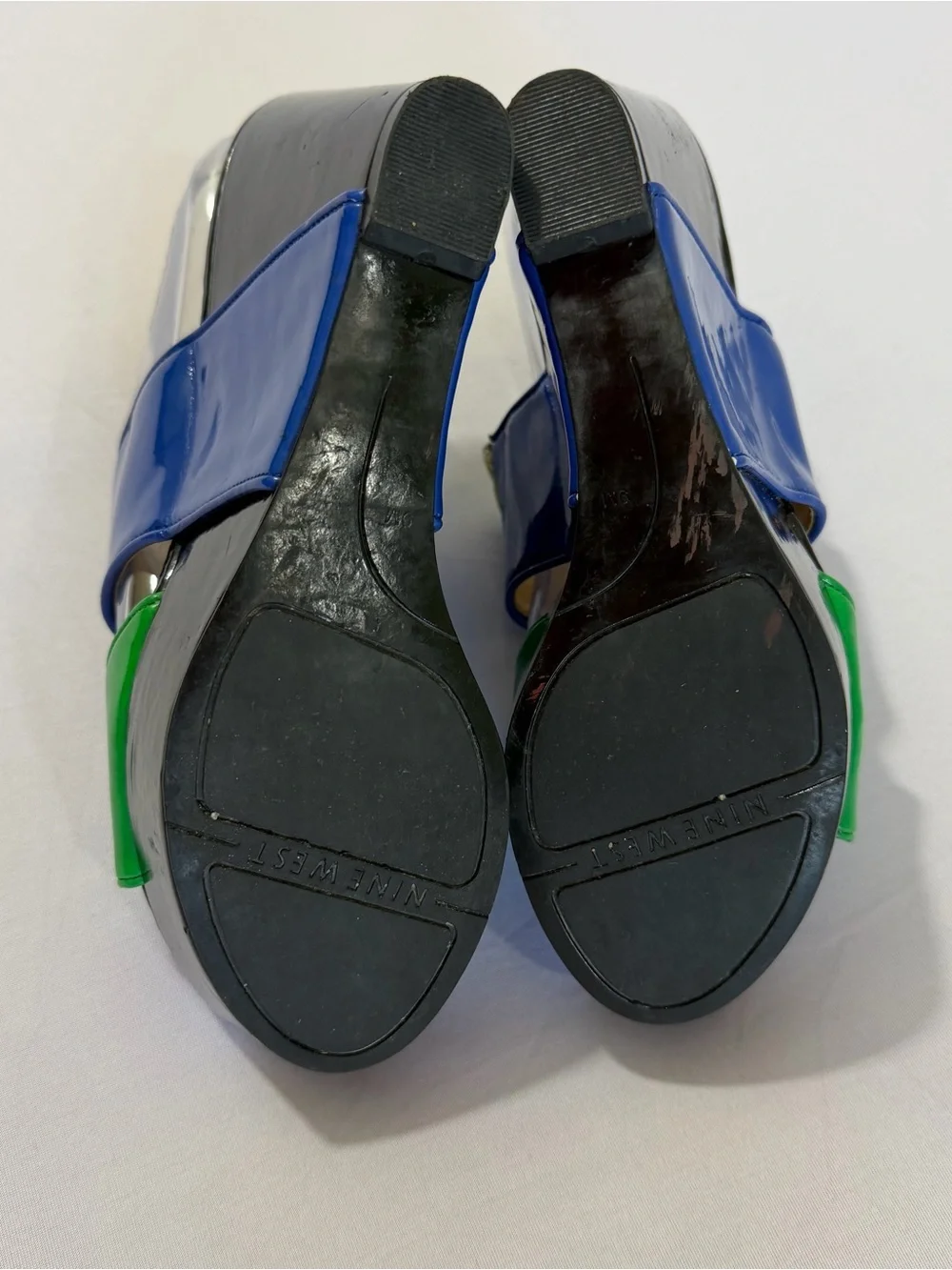 💙💚Nine West Colorblock Patent Platform Wedge Slide Sandals Blue Green Black| sz9